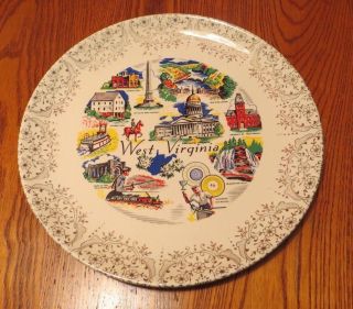 West Virginia Vintage Souvenir Plate Miners Potters Landmarks Gold Edging