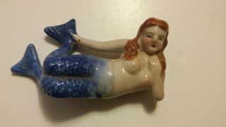 Sm Vtg Bisque Mermaid Figurine Nude Aquarium Made In Occupied Japan 3 1/2 " Long