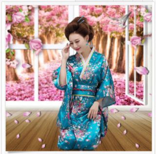 Vintage Kimono Costume Yukata Gown Japanese Floral Robe Haori Dress With Obi