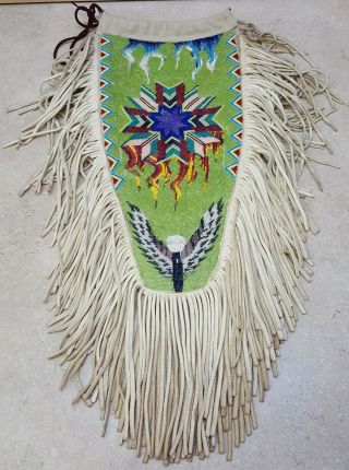 Hand Crafted Green Cut Beaded Buckskin Native American Indian Side Drags Drops