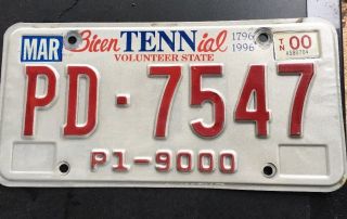 1796 - 1996 Tennessee Bicentennial Vintage License Plate Tn Tenn Metal Tag