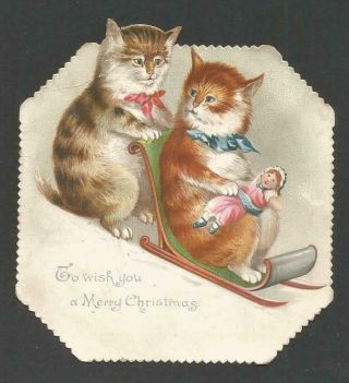 A86 - Cute Anthropomorphic Cats With Doll And Sled - Diecut Victorian Xmas Card