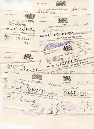 Orig 7 X 1916 Brighton Invoices Receipts Billheads C Cowley Bakery,  Bakers,  Pool