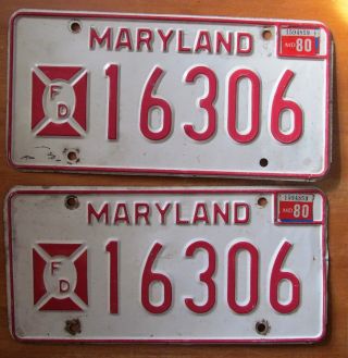 Maryland 1980 Fire Department License Plate Pair - Quality 16306