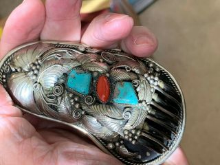 Navajo Belt Buckle.  Large.  Bear Paw Design.  Silver,  Turquoise,  Coral,  Claws