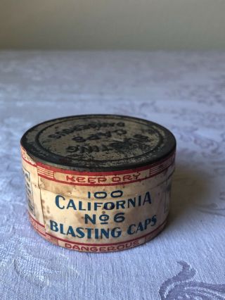 Vintage 1920s California Cap Co.  100 No 6 Blasting Caps Tin For Hercules Powder
