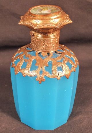 Antique Cut Glass Dresser Perfume Decanter Bottle Blue Clambroth & Bronze