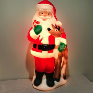 42” Tpi Plastic Blow Mold Lighted Santa Claus With Reindeer Outdoor Decor