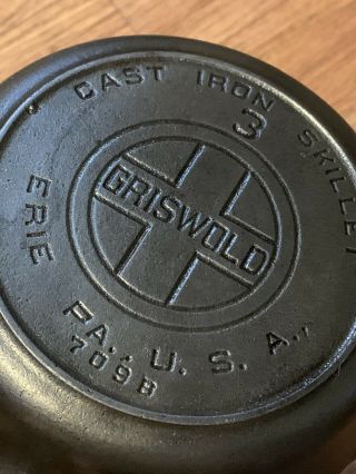 Griswold No.  3 Cast Iron Skillet Heat Ring Large Block Logo 709 B Rare 7