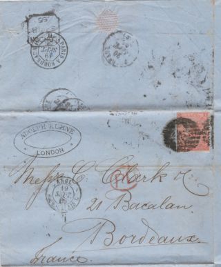 1866 Qv London Merchant Letter With A 4d Vermilion Stamp Plate 8 Sent To France