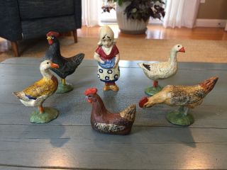 Putz Roosters,  Ducks,  Hens German Woman Feeding Chickens Germany Composition
