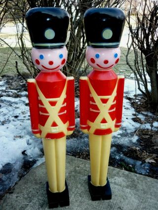 Two Blow Mold Soldiers Pink Faced Hard Plastic Union Lighted Christmas