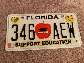 Vintage License Plate Florida Support Education Aug 2004 346 Aew Fl Tag Licence