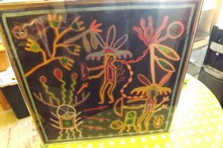 Large Huichol Yarn Painting Mexican Folk Art 24 " X 24 " Framed