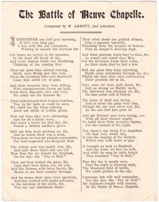 Orig Ww1 Battle Of Neuve Chapelle Poem On Card W Abbott,  2nd Leicesters,  Wwi Int