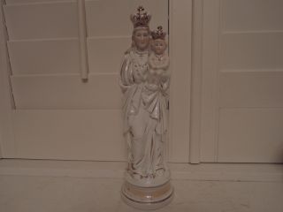Large Antique French Porcelain Madonna & Child Crowns Statue Figurine Religious