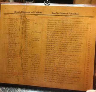 Early 1900’s Mounted Record Of Statements Issued To Auto Owners,  Oregon,  16”x19”