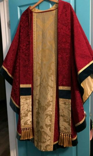 Gorgeous Catholic Priests Red & Gold Damask & Blue Chasuble & Stole Brocade