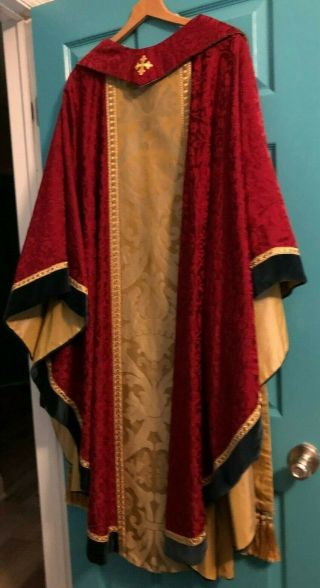 GORGEOUS CATHOLIC PRIESTS RED & GOLD DAMASK & BLUE CHASUBLE & STOLE BROCADE 4