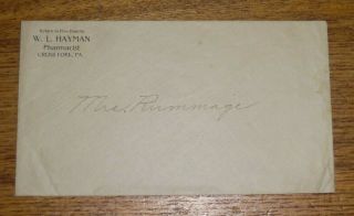 Vintage Advertising Envelope - W.  L.  Hayman Pharmacist - Cross Fork Pennsylvania