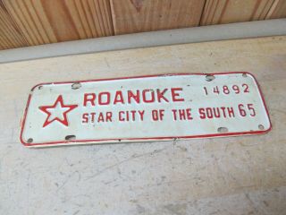 Vintage 1965 Roanoke Virginia License Plate Topper Tax Tag