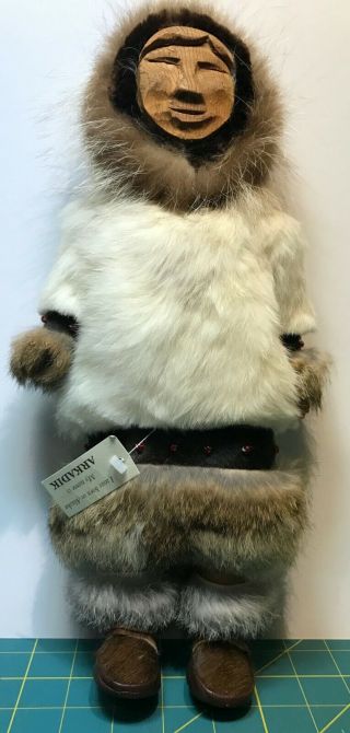 Alaska Figure/doll Native Inhabitant Arkadik Hand Made By Memeluk Wood Real Fur