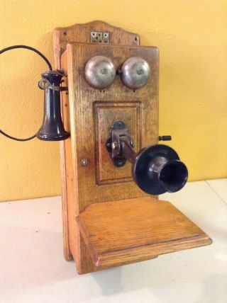 Rare Folding Shelf Antique Kellogg Oak Wood Case Wall Phone Hand Crank & Bell