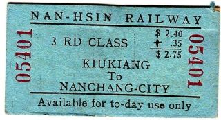 Railway Ticket: China: Nan - Hsin Railway: Kiukiang To Nanchang City