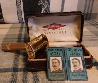 Vintage Gillette Gold Aristocrat Safety Razor - Usa Made - With Box -