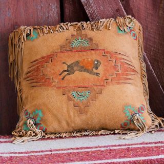 Handmade 16 " X 16 " Leather Native American Style Western Buffalo Spirit Pillow