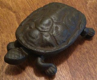 Antique Cast Iron Turtle Match Holder Hinged Box For Fireplace Or Stove 4.  5 "