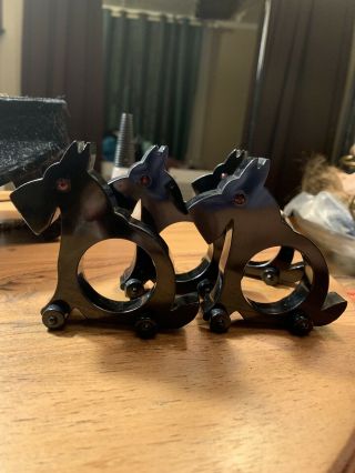 Vintage Black Bakelite Four Scottie Dog Napkin Ring With Wheels Euc