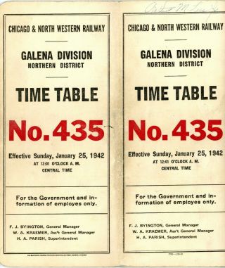Chicago & North Western Ry,  Employee Time Table Galena Div,  No.  435,  Jan 25,  1942