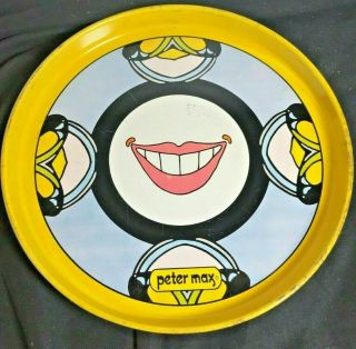 Vtg.  Orig 1960s Peter Max 13 " Round Metal Serving Tray W/ Sticker - Smile Design