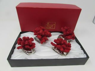 Hans Turnwald 4x Red Coral Figure Napkin Rings Silver Plated