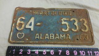 1963 Vintage Alabama Heart Of Dixie License Plate Auto Car Vehicle Tag