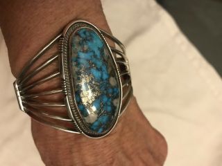 Navajo Sterling Silver Cuff Bracelet W/large Turquoise Stone By Mp