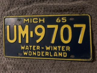 1965 65 Michigan Water Winter Wonderland Vintage Blue Metal License Plate