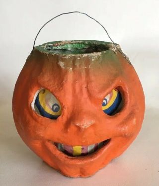 Vtg Halloween 4” Paper Mache Pulp Jack O Lantern W/ Insert 1940 