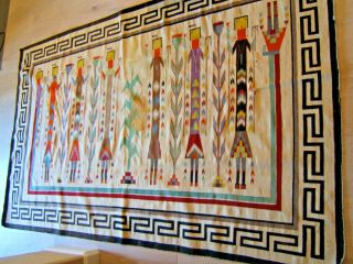 Navajo Hand Woven Wool Corn People Yei Rug Blanket Wall Hanging 57 X88 "
