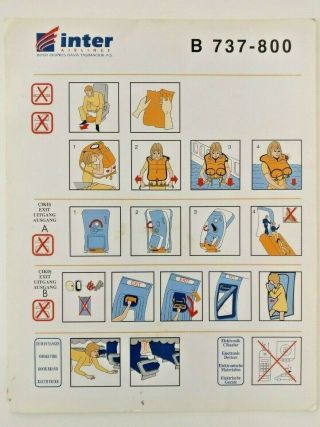 Rare Inter Airlines Boeing 737 - 800 Safety On Board Card