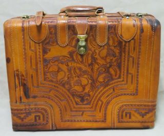 Antique - Vintage Cheney England Hand Tooled Leather Suitcase Mexican 1940 - 50’s