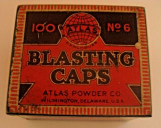 Rare Vintage Atlas Powder Co.  Mining Blasting Caps Advertising Empty Tin Box Can