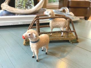 Two Putz Sheep On A German,  Wooden Bridge Stick Leg Wooly Germany Antique Toy