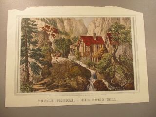 Puzzle Picture Old Swiss Mill 1872 - Vintage Calendar Art Print Currier & Ives