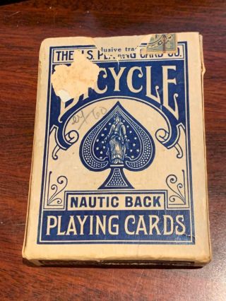 Vintage Bicycle Nautic Back Playing Cards Box 1927 808 Blue 52,  J,  2ec