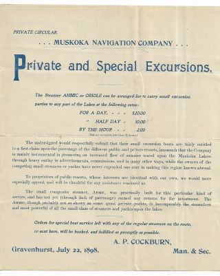 Private Circular,  Muskoka Navigation Company Ahmic Excursions,  A P Cockburn 1898