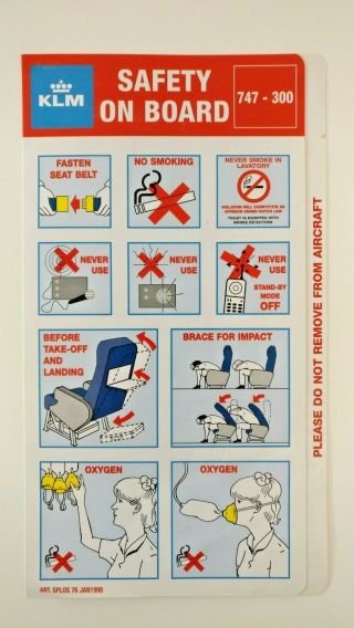 Rare Klm Boeing 747 - 300 Safety On Board Card - 1998