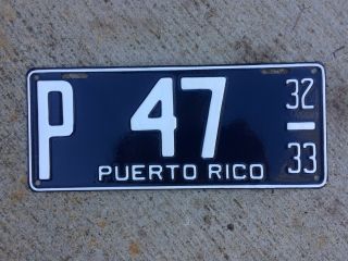 1932 1933 Puerto Rico License Plate P 47 Low Number Caribbean