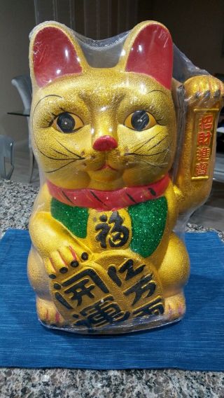 Feng Shui Fortune Large Ingot Chinese Lucky Wealth Waving Cat Box Battery
